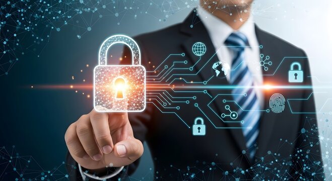 Cyber security concept businessman touching padlock with digital technology for data protection - Powered by Adobe