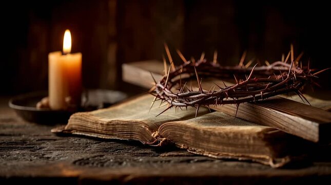 Crown of Thorns Resting on Cross and Bible