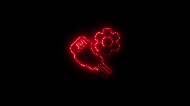 Red neon plug and cogwheel icons on black background illustrating settings and configuration