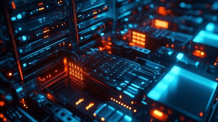 Futuristic Server Room with Glowing Blue and Orange Lights, High-Tech Data Center