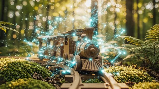 A magical toy train sparkling with ethereal blue light, gracefully chugging along miniature tracks nestled within a wondrous, enchanting forest setting