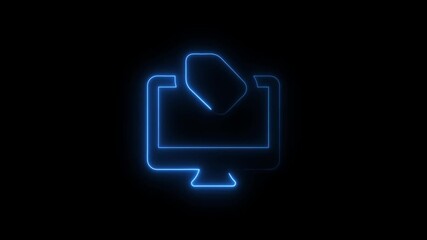 Neon blue computer screen icon with a tag animated on a black background