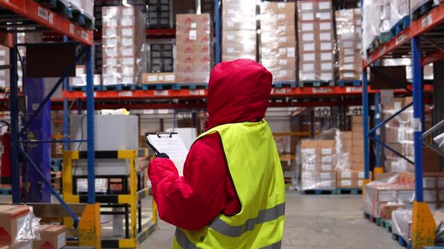 Warehouse worker in warm clothing and safety vest inspecting inventory. Employee walking down a cold storage aisle with a clipboard