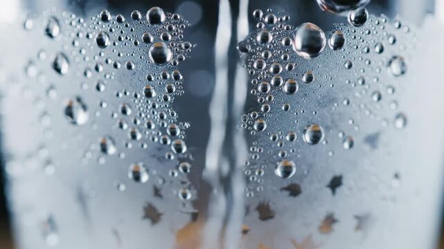 Extreme close-up slow motion shot of water condensation forming and dripping down the cold, empty glass exterior glass, refreshing, clear