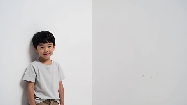 白背景に余白を活かした日本人男児5歳の自然な笑顔ポートレート