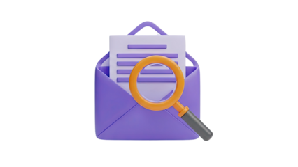 3D Envelope with Document and Magnifying Glass Icon on transparent background