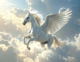 White winged horse soaring amid fluffy clouds and sunlight