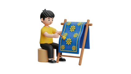 3D Cartoon Boy Painting a Blue Carpet with Yellow Flowers on transparent background