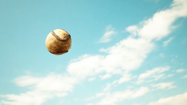 hurl. A baseball suspended in mid-air against a plain, blurred background. event key visuals, club posters, designed for sports event promotions and stadium branding, used by fitness trainers.