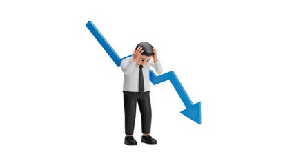 3D Businessman Holding Head Next to Downward Trend Arrow on transparent background