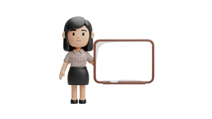 3D Character Woman with Whiteboard on transparent background