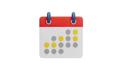 3D Calendar Icon with Blue Binding and Yellow/Gray Dots on transparent background
