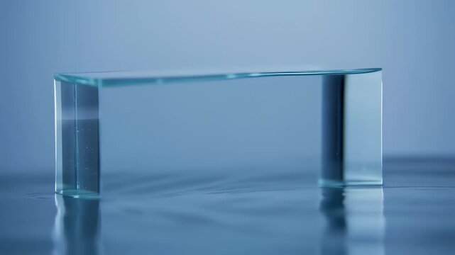 A clear rectangular prism filled with water, reflecting on a smooth surface