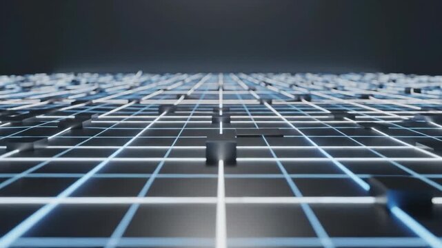 Futuristic grid pattern with glowing blue lines and dark background.