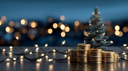 Stacked coins with Christmas tree lights representing holiday savings and seasonal finance