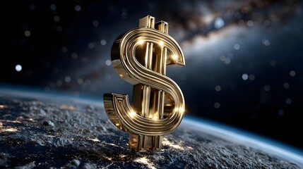 Golden dollar symbol above planet Earth representing global finance and world economy