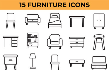 Collection of 15 minimalist furniture icons simple line art vector illustrations for interior design and home decor concepts isolated on white background