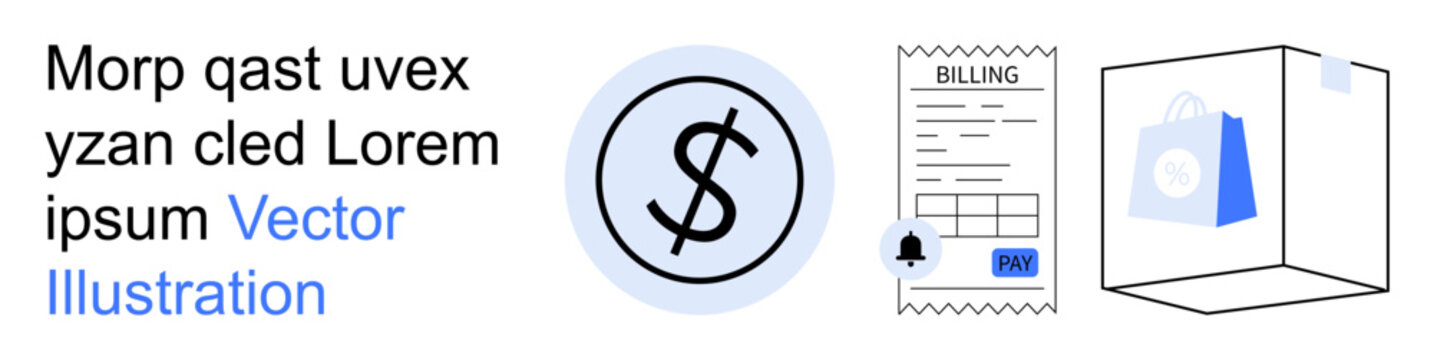 Payment systems, e-commerce, financial transactions, online shopping, digital economy, retail services. Dollar sign, bill receipt shopping bag box. Payment systems and e-commerce