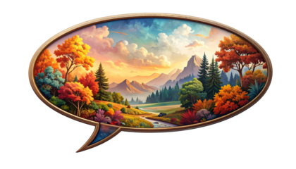 Speech bubble filled with beautiful colourful design consisting of trees and mountains, isolated on transparent background