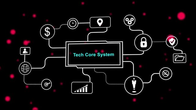Tech Core System Diagram with Business and Technology Icons on Dark Background image photo.
