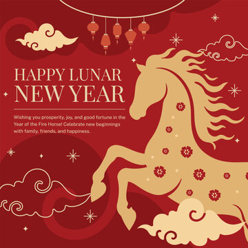 Year of the Fire Horse 2026 greeting card with jumping golden horse and traditional clouds
