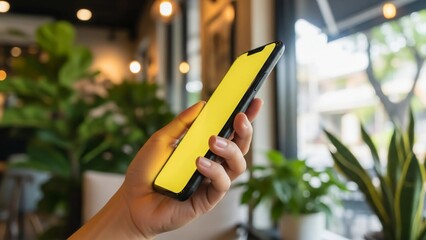 Hand Holding Mobile Phone with Blank Yellow Screen in Blurred Cafe Environment Mockup