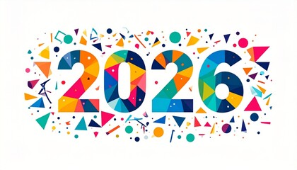 Vibrant 2026 celebration design with colorful geometric shapes