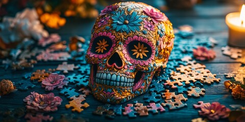 Colorful skull resting on jigsaw puzzle pieces with candlelight