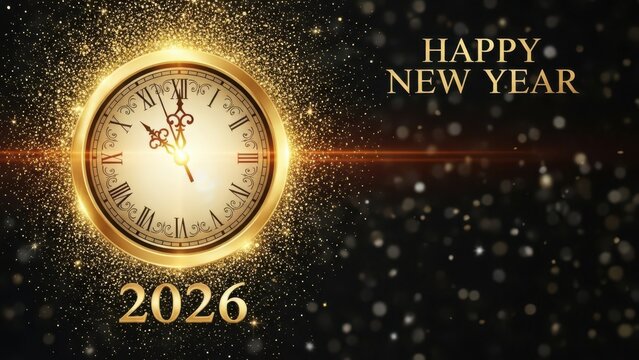 3D 2026 Happy New Year countdown with golden clock and glitter