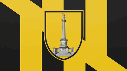 A striking image featuring a yellow and black background with a shield and monument emblem.