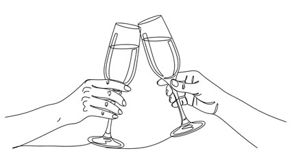 Obraz premium A minimalist line drawing depicts two hands holding champagne flutes in a celebratory toast.