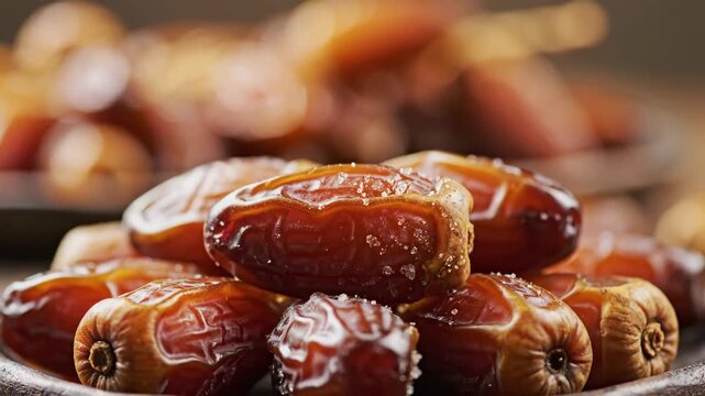 Close-Up Of Sweet Dates On A Rustic Plate With Bokeh Background