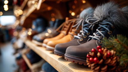 Winter retail shopping environment, seasonal commercial activity, cold weather consumer behaviors, holiday purchasing trends, festive shopping atmosphere, with copy space