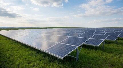 High-quality image of modern solar panels placed in a natural green environment, representing sustainable energy, clean technology and renewable power generation.