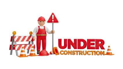 3D Cartoon Construction Worker with Under Construction Sign on transparent background