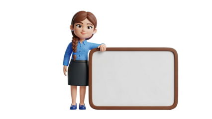 3D Character Woman Presenting White Board on transparent background