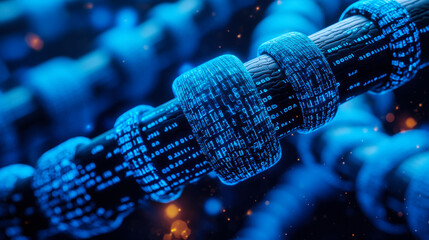 Advanced technology illuminated by digital patterns in a futuristic pipe structure with glowing elements