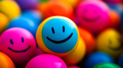 Colorful balls surround a smiling orange ball in a vibrant, playful atmosphere at a children's play area or game center