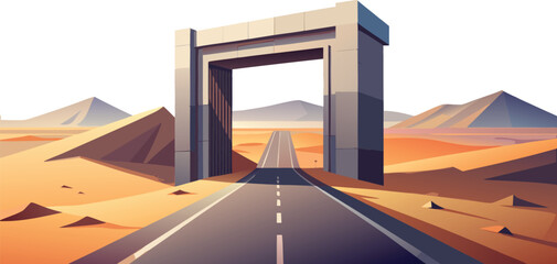 Inspiring desert road stretches toward mountains through a futuristic archway, evoking adventure and exploration, perfect for travel blogs or inspirational campaigns