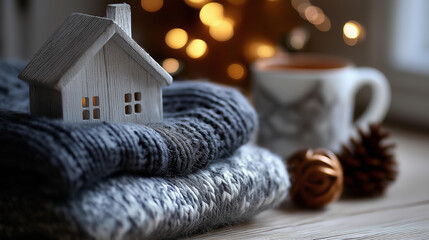 Fototapeta premium Cozy knitted house decoration, handmade textile home, crafted wool dwelling, winter comfort symbol, holiday handwork display, festive artisan creation, with copy space