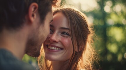 National Compliment Day: a loving couple in their 30s outdoors in a park, man whispering a sweet compliment to woman, woman's genuine smile and blushing expression
