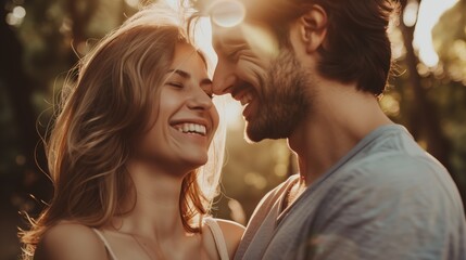 National Compliment Day: a loving couple in their 30s outdoors in a park, man whispering a sweet compliment to woman, woman's genuine smile and blushing expression