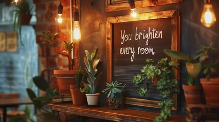 National Compliment Day: a vintage wooden framed chalkboard with beautifully hand-lettered compliment "You brighten every room", decorative chalk art flourishes