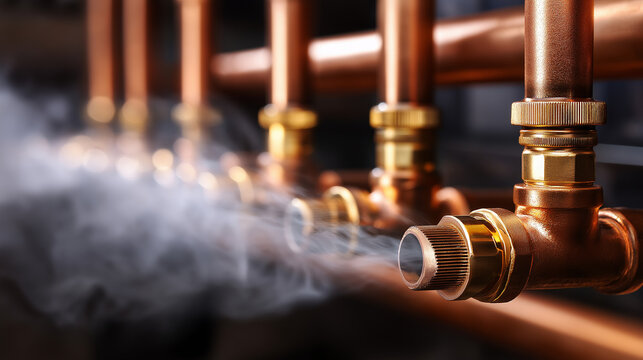 Faceless technical background featuring copper pipes and fittings, steam rising slowly, shallow depth of field, with copy space