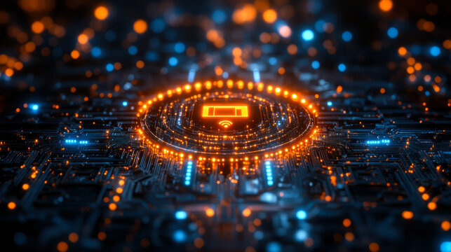 Digital currency symbol illuminated on a futuristic circuit board in a vibrant tech landscape - Powered by Adobe