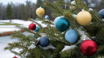Holiday tree on golf course, snowy Christmas tree with golfball ornaments, festive sports venue decoration, winter athletic facility display, seasonal golf course theme, with copy space
