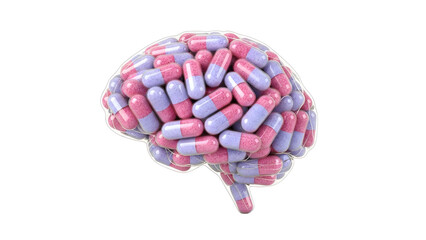 Human brain shape made of pink and purple capsules isolated on black background representing mental health and pharmaceutical concepts