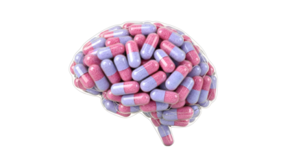Human brain shape made of pink and purple capsules isolated on black background representing mental health and pharmaceutical concepts