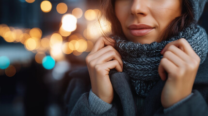 Faceless woman tugging at collar of her coat because it's winter and she's cold, adjusting cold weather clothing, seasonal discomfort gesture, winter chill reaction, defocused person, with copy
