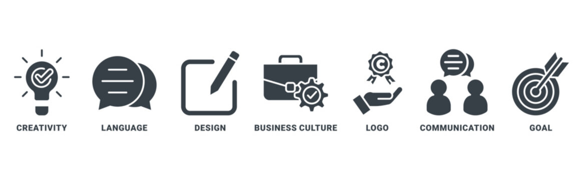 Corporate identity icon set vector concept with icon of creativity, language, design, business culture, logo, communication, goals 